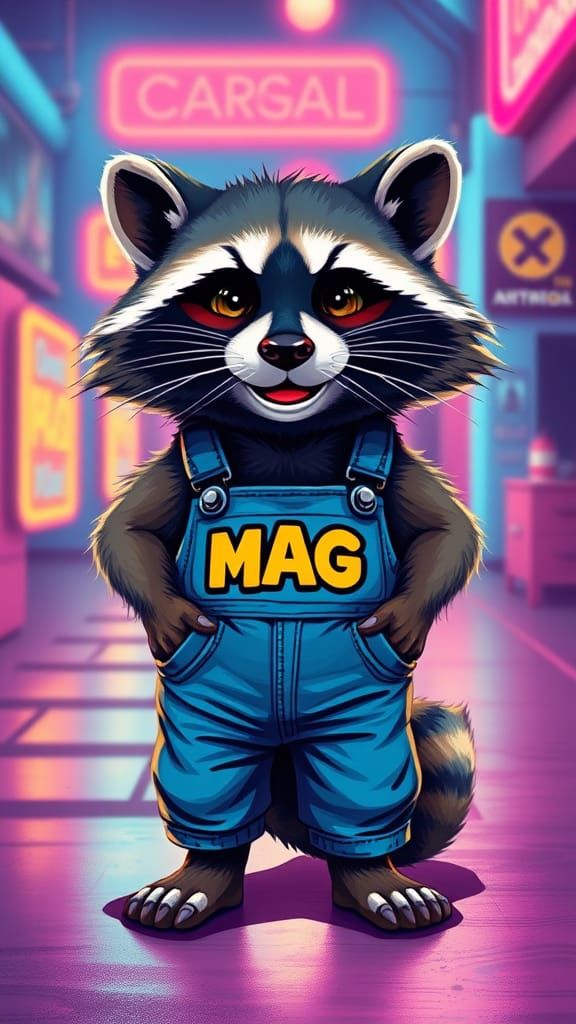 Retro-Futuristic Raccoon in Neon Blue Overalls
