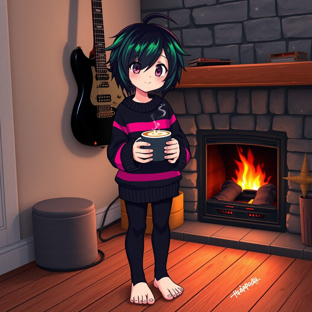 Emo Girl with Coffee by Fireplace: Matte Painting