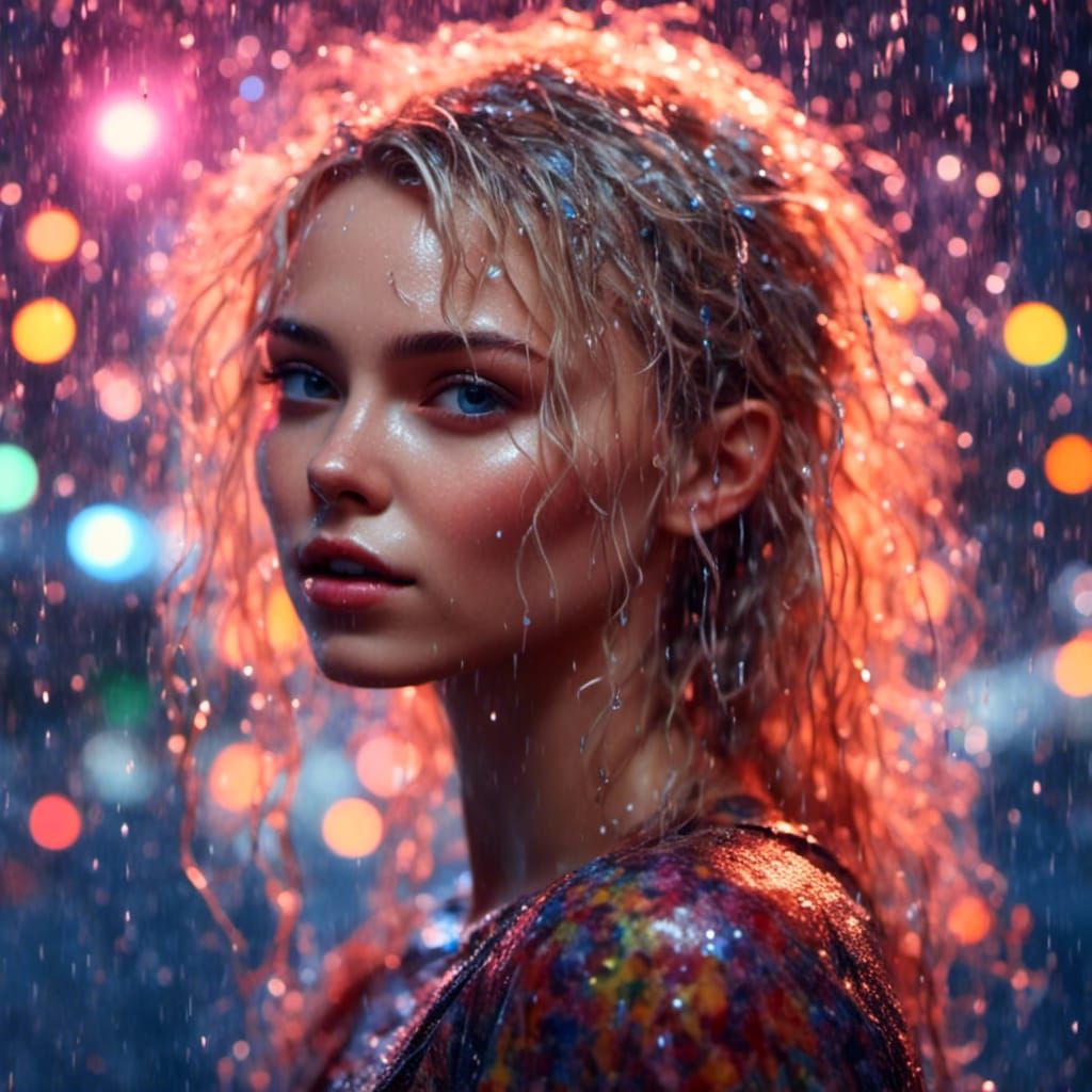 Beautiful Blonde in Rainy Cityscape with Colorful Lights
