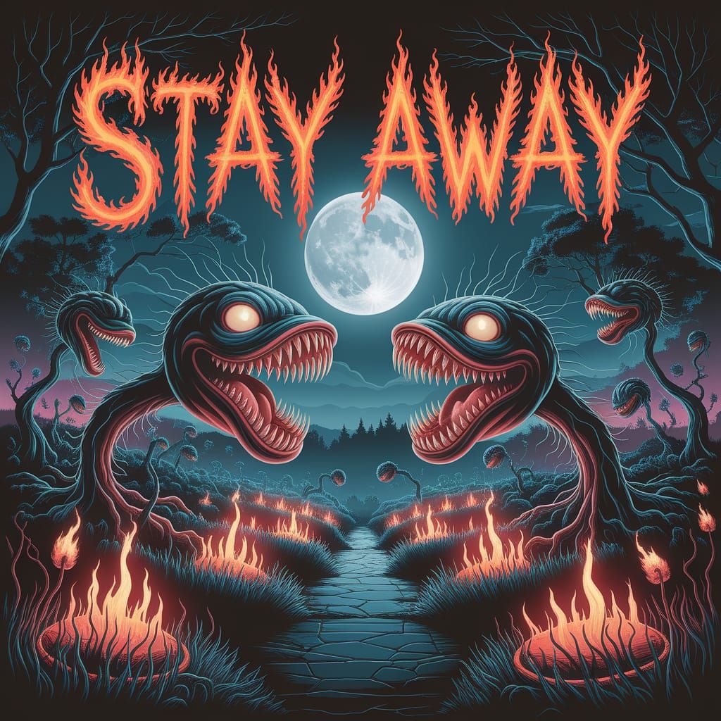 Moonlit Carnivorous Garden with Glowing Warning Sign