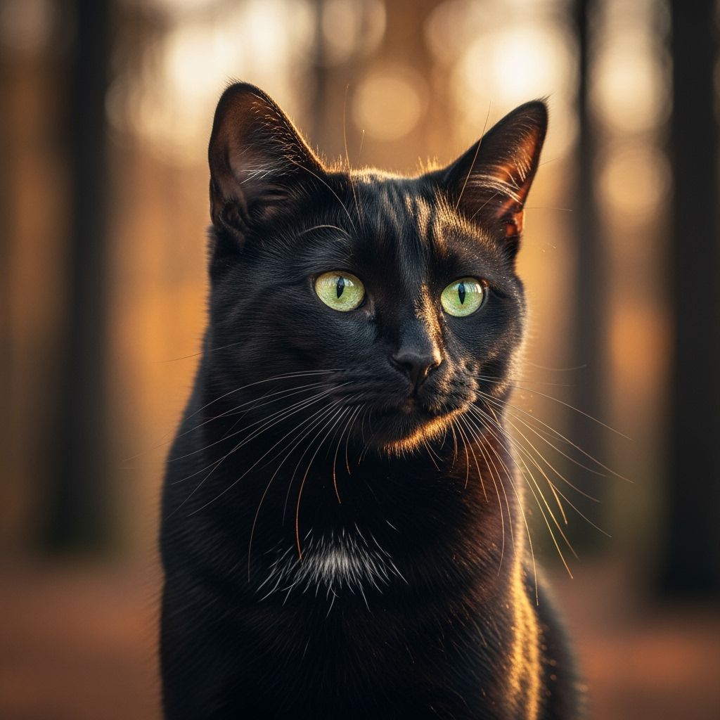 Hyperrealistic Black Cat with Green Eyes in Autumn Forest