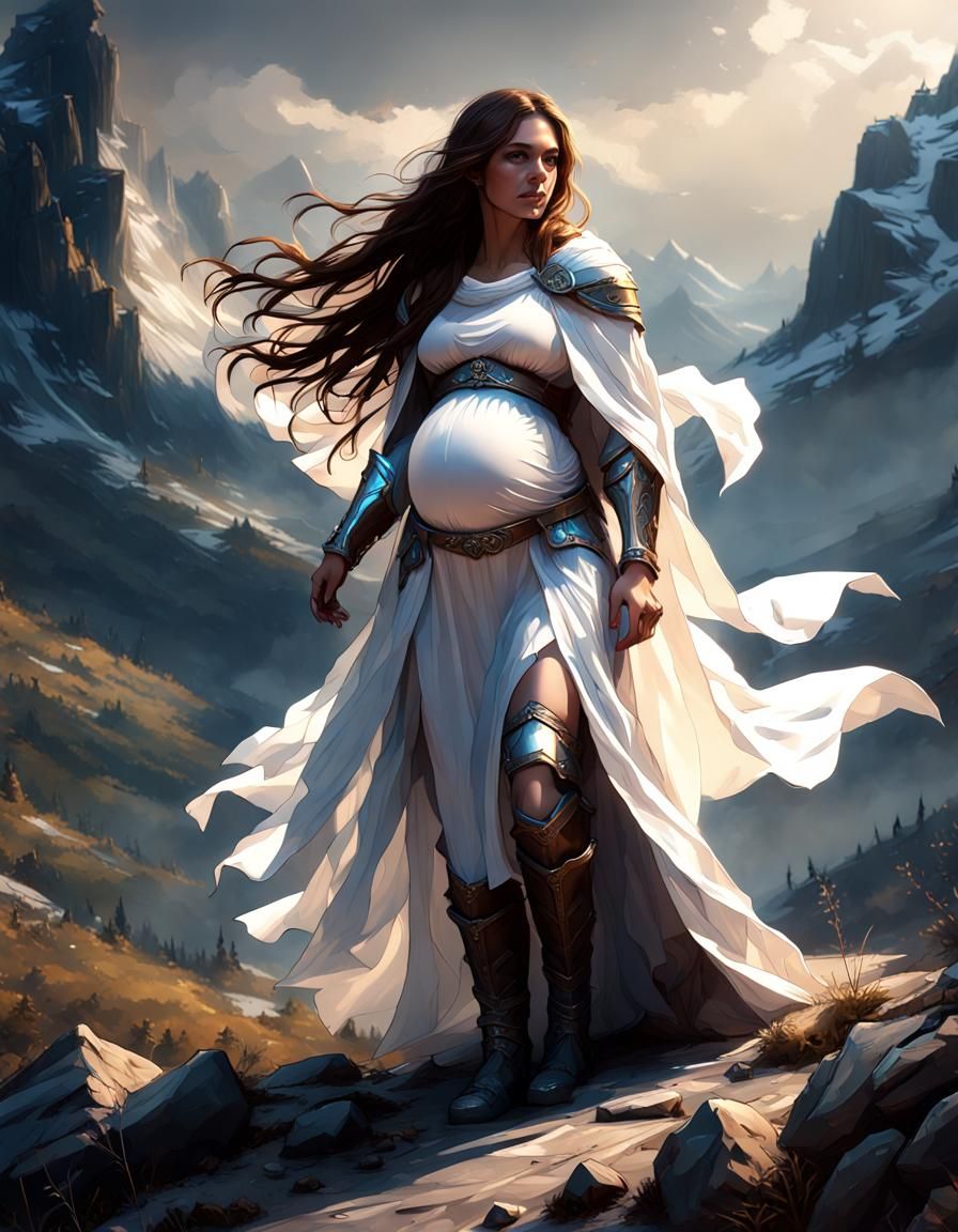 Pregnant Fighter on Mountainside: Dark Fantasy Concept Art