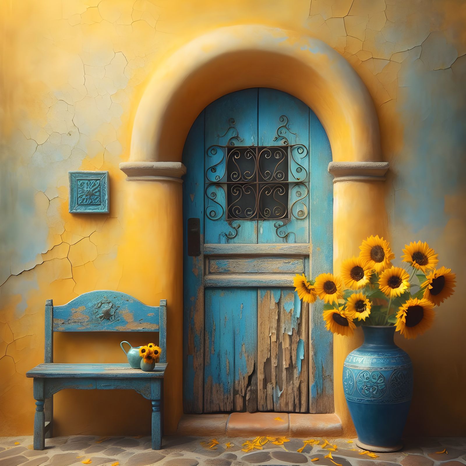 Vibrant Blue Door in Yellow Stucco Wall with Sunflowers