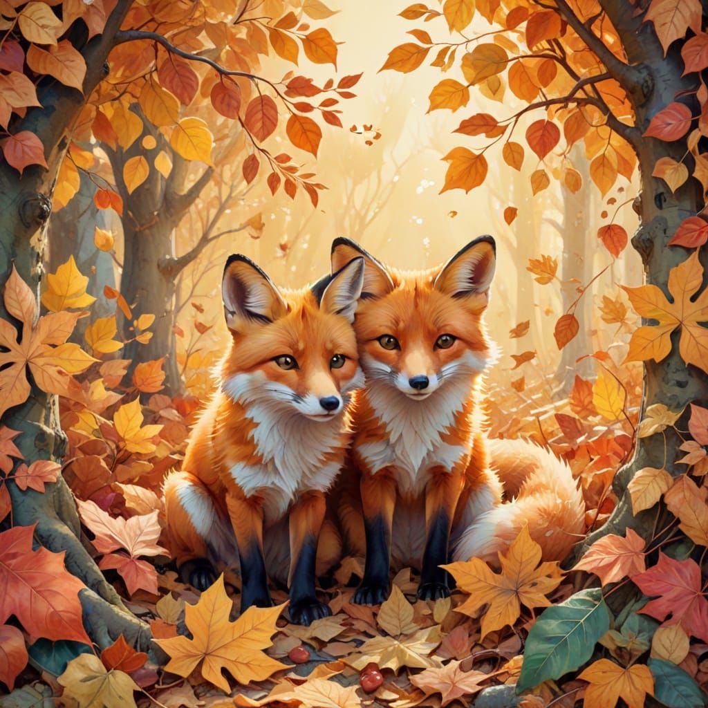 Whimsical Fox Cubs Under Autumn Leaves in Golden Hour Light