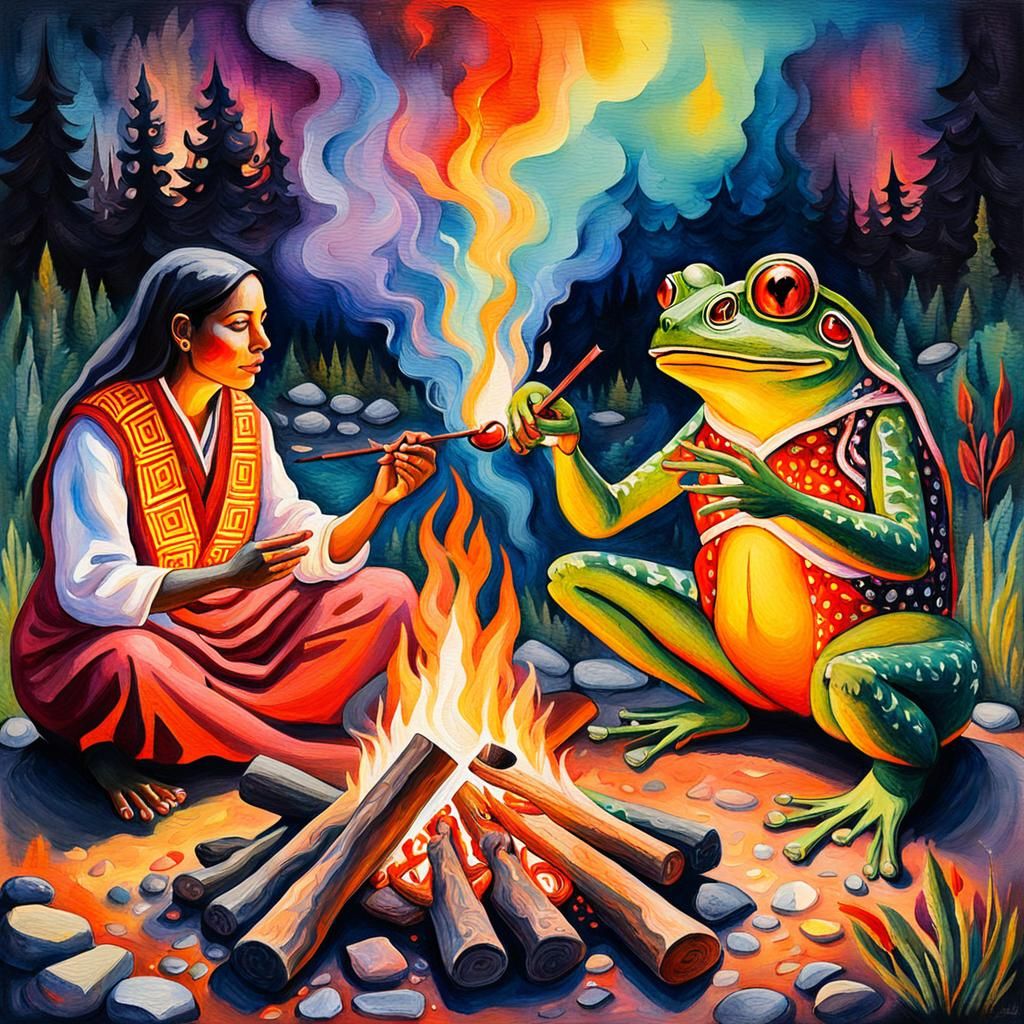 Campfire Connection in Gouache and Watercolor Style