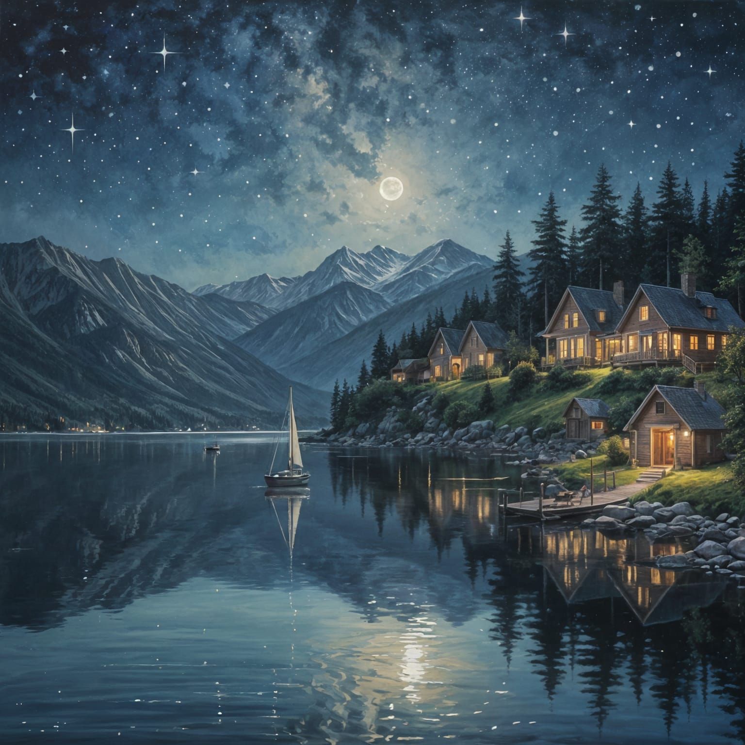 Tranquil Lake at Night in Oil Paint
