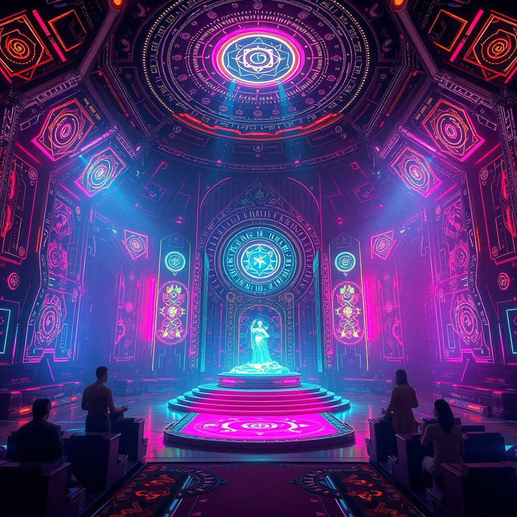 Cyberpunk Ritual Chamber with Holographic Altar