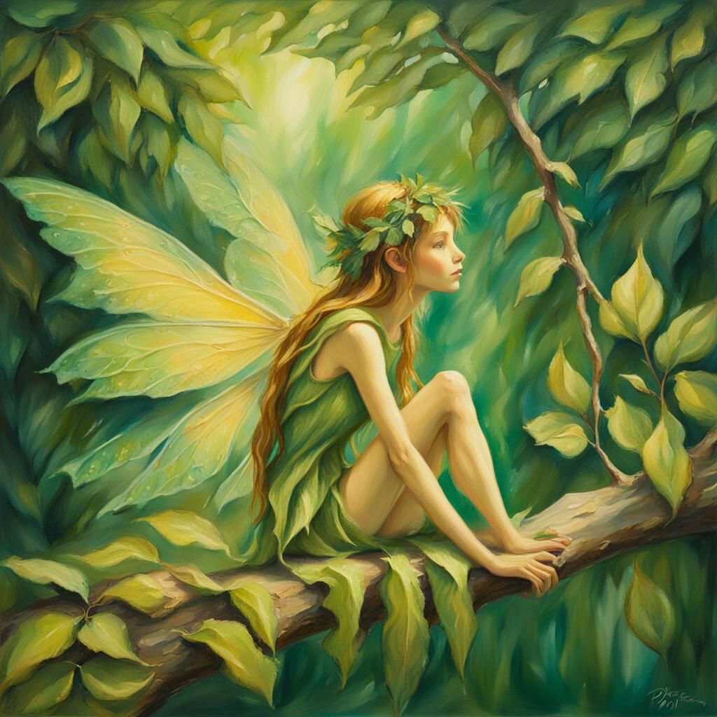 Ethereal Fairy Perched on Branch Oil Painting
