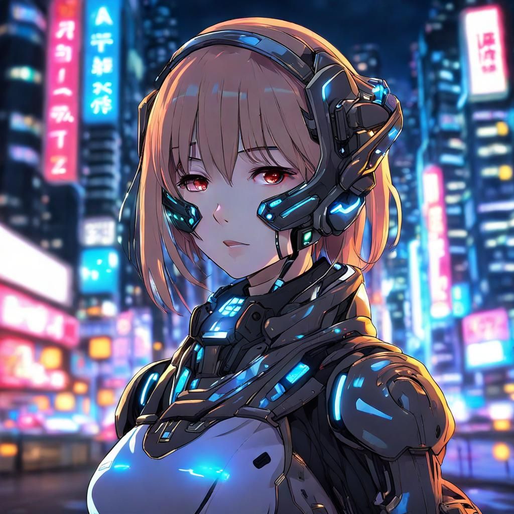 Cyborg Girl with Futuristic Armor in Neon City