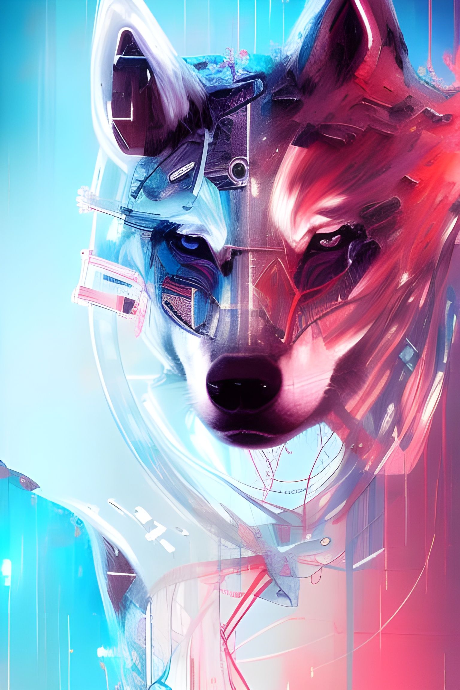 Cyberpunk Wolf Portrait in Digital Painting Style