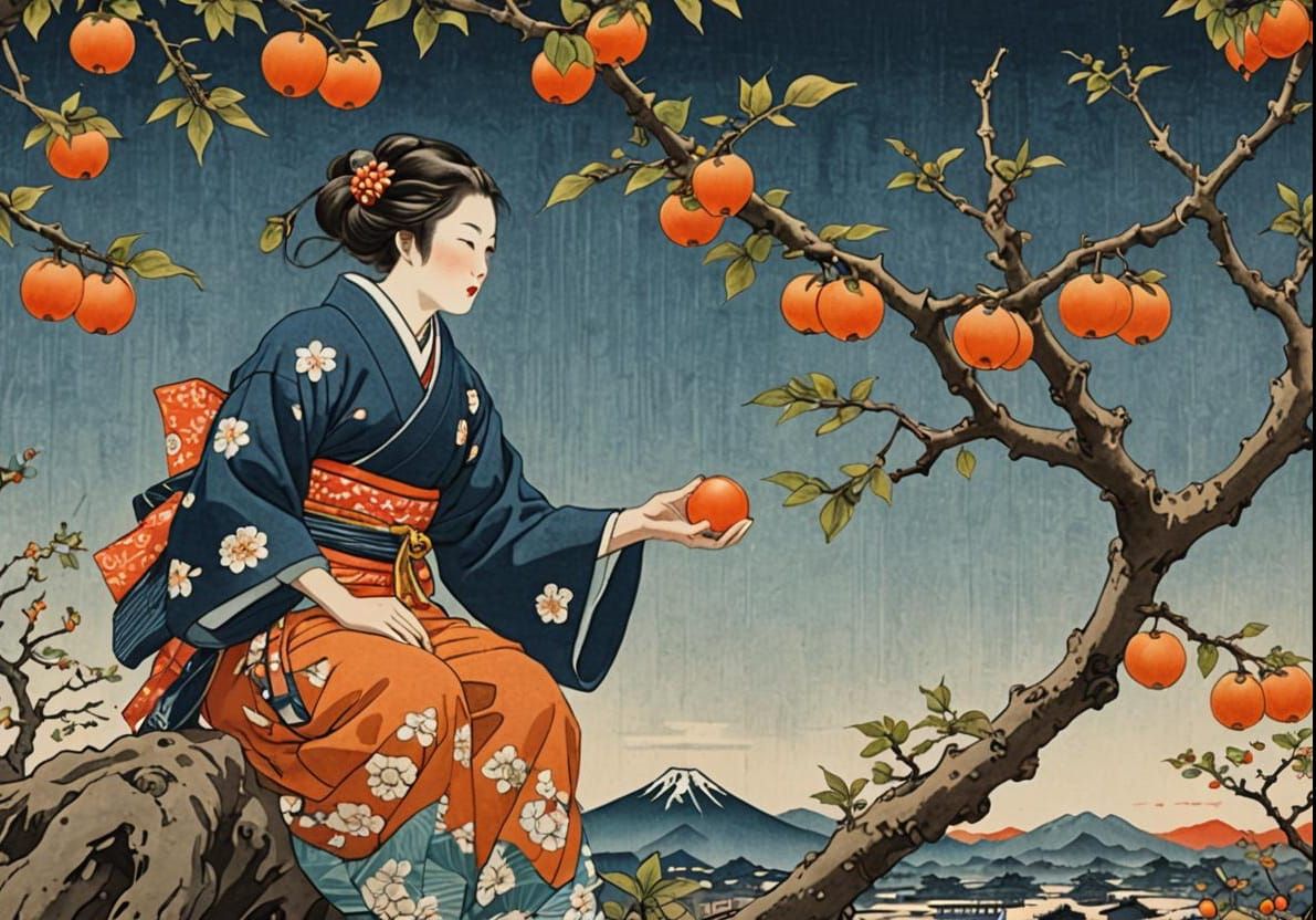 Persimmon Harvest in Ukiyo-e Style