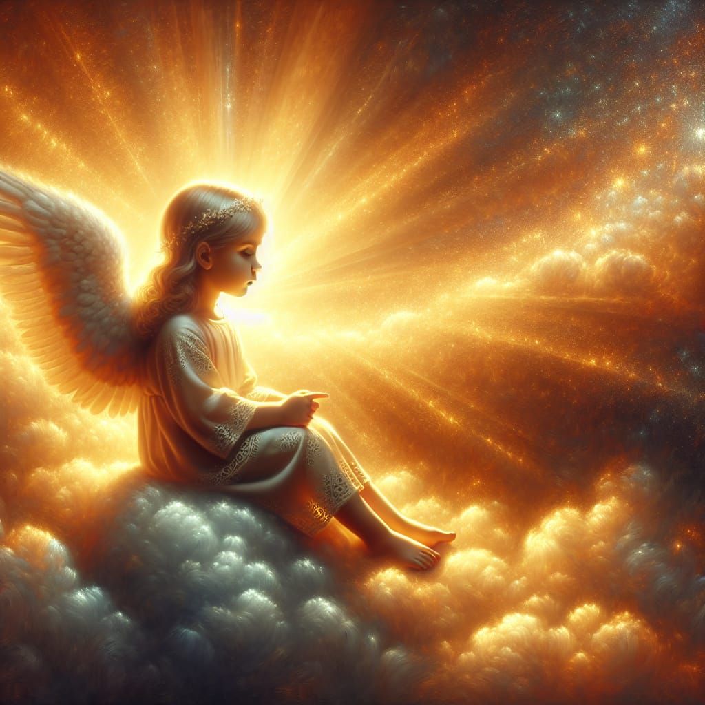 Angel on Cloud at Sunset: Hyperrealistic Oil Painting