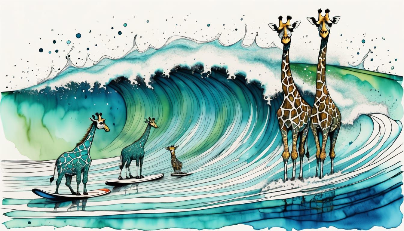 Whimsical Giraffes Catch a Big Wave