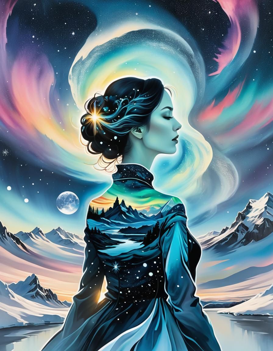 Celestial Girl in Double Exposure Ink Landscape