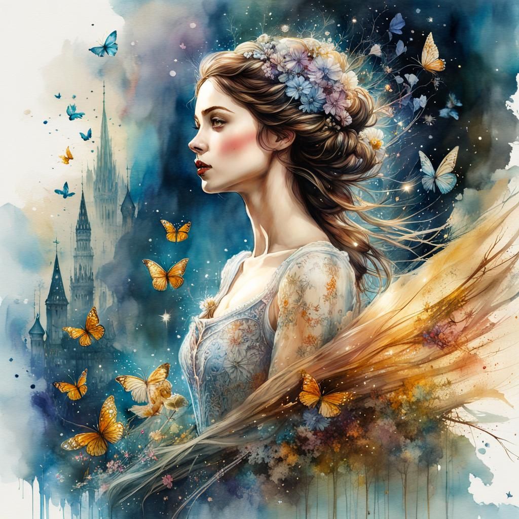 Cinderella Fairy-Tale Illustration as Digital Watercolor