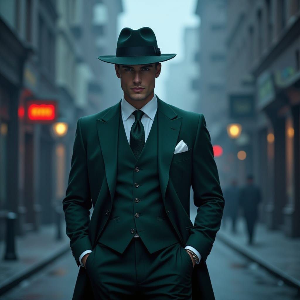 Green Suit Noir: Dystopian City Illustration