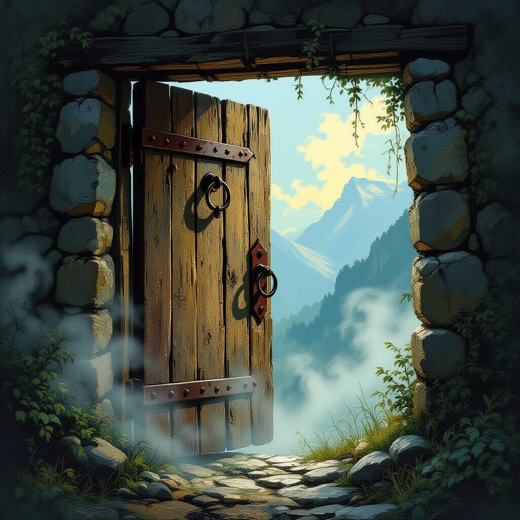 Mystical Doorway on Misty Mountainside: Neo-Impressionism