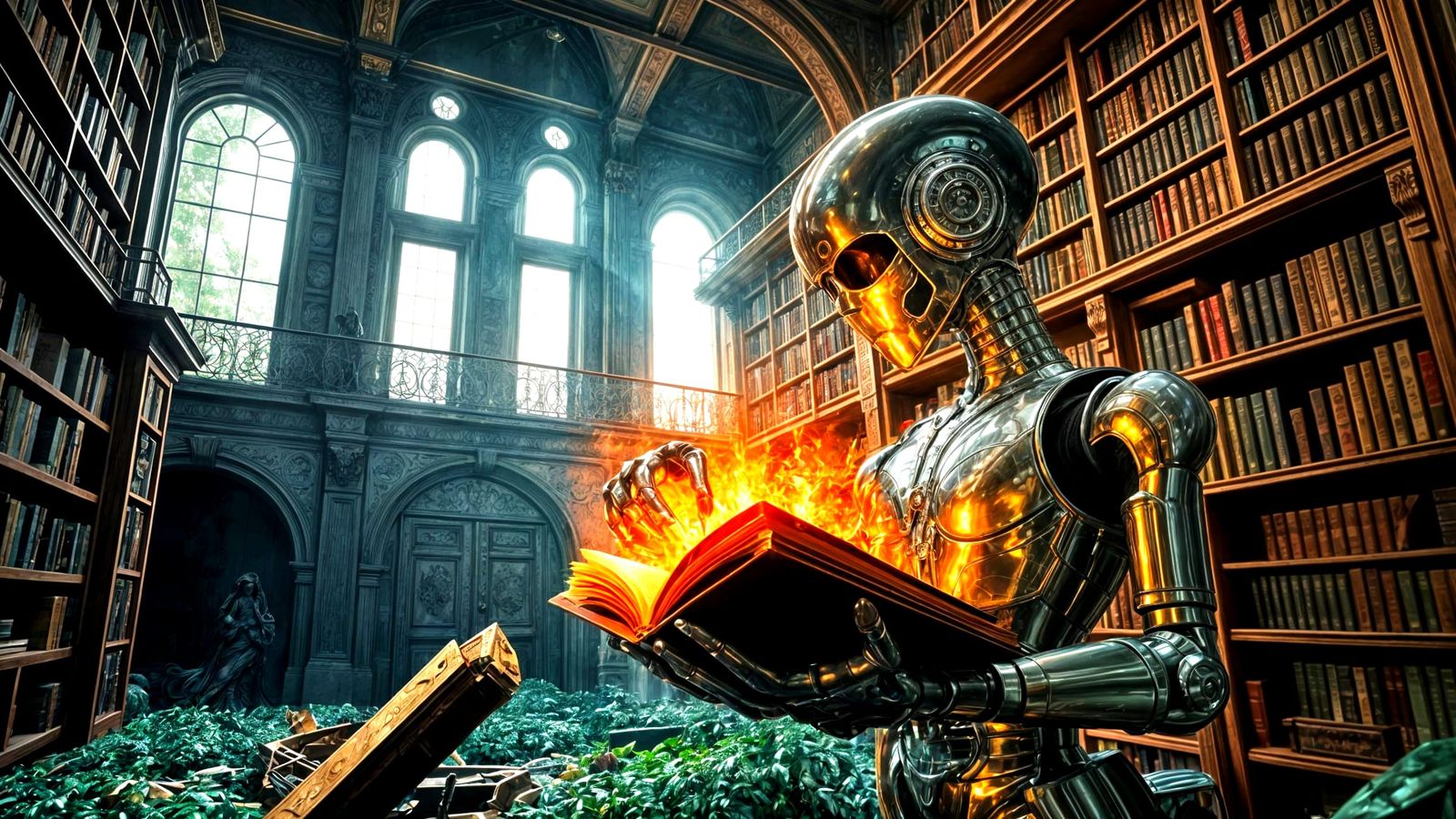 Retro-Futuristic Robot in Overgrown Library