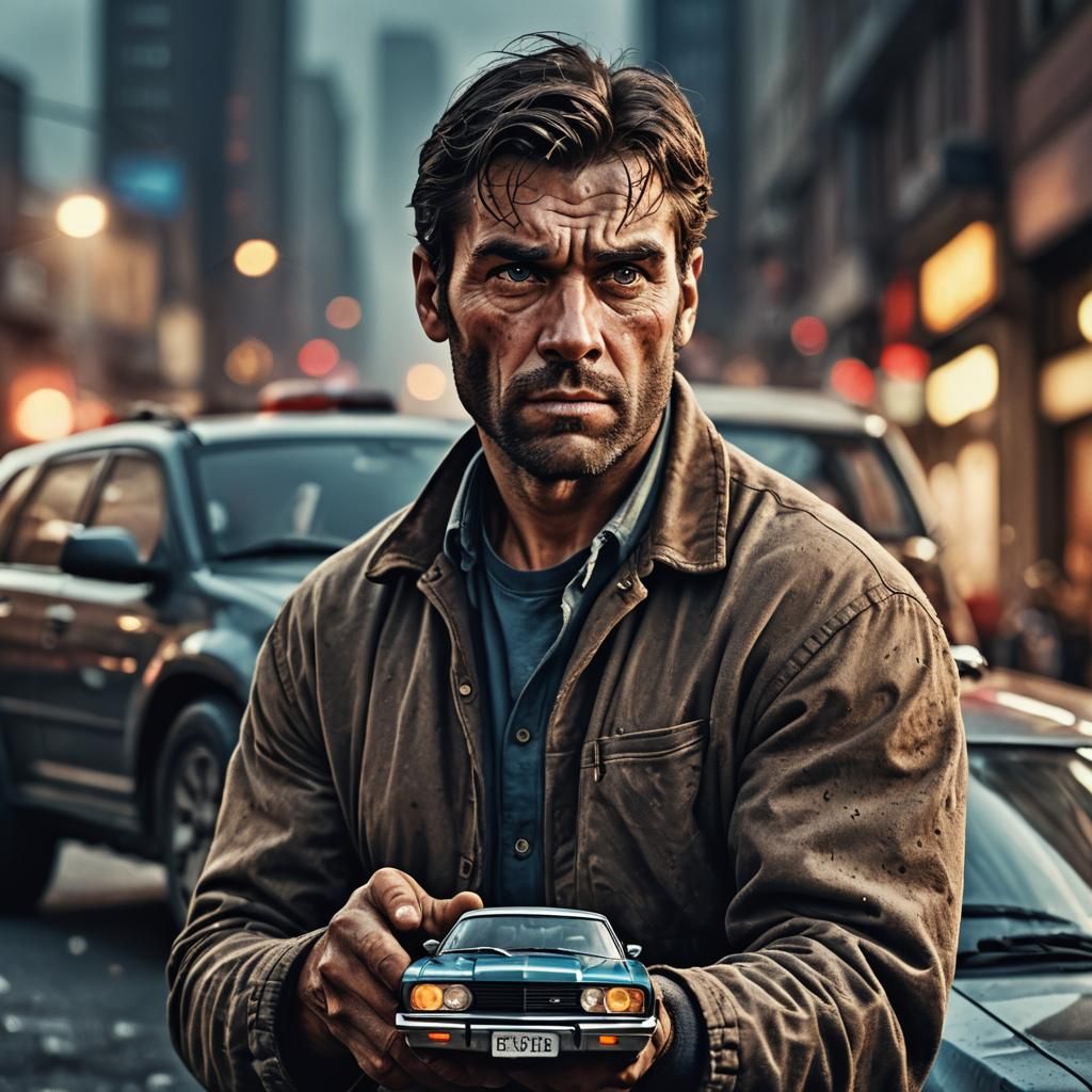 Giant Mutant Man Holding Car: Hyper-Realistic Portrait