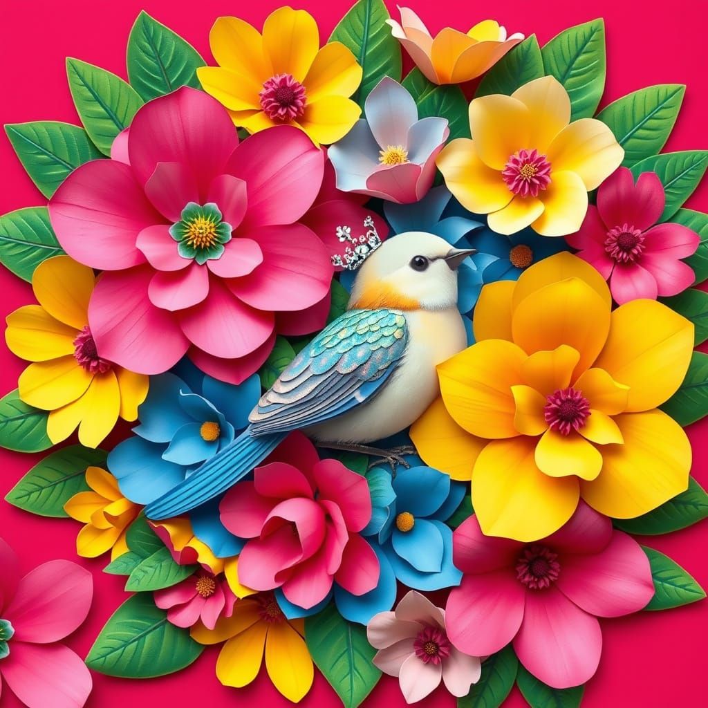 Whimsical Floral Heart with Iridescent Bird