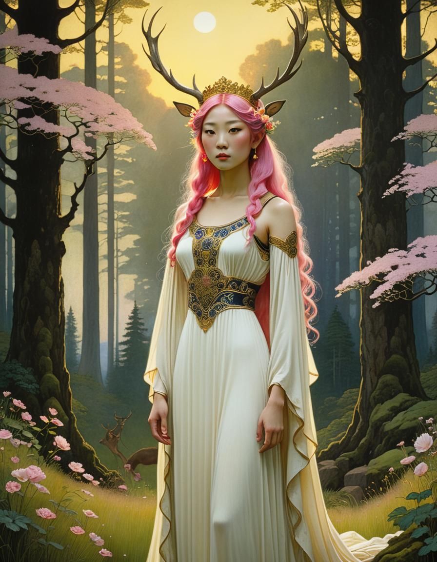 Sunset Forest Glade Woman with Antlers