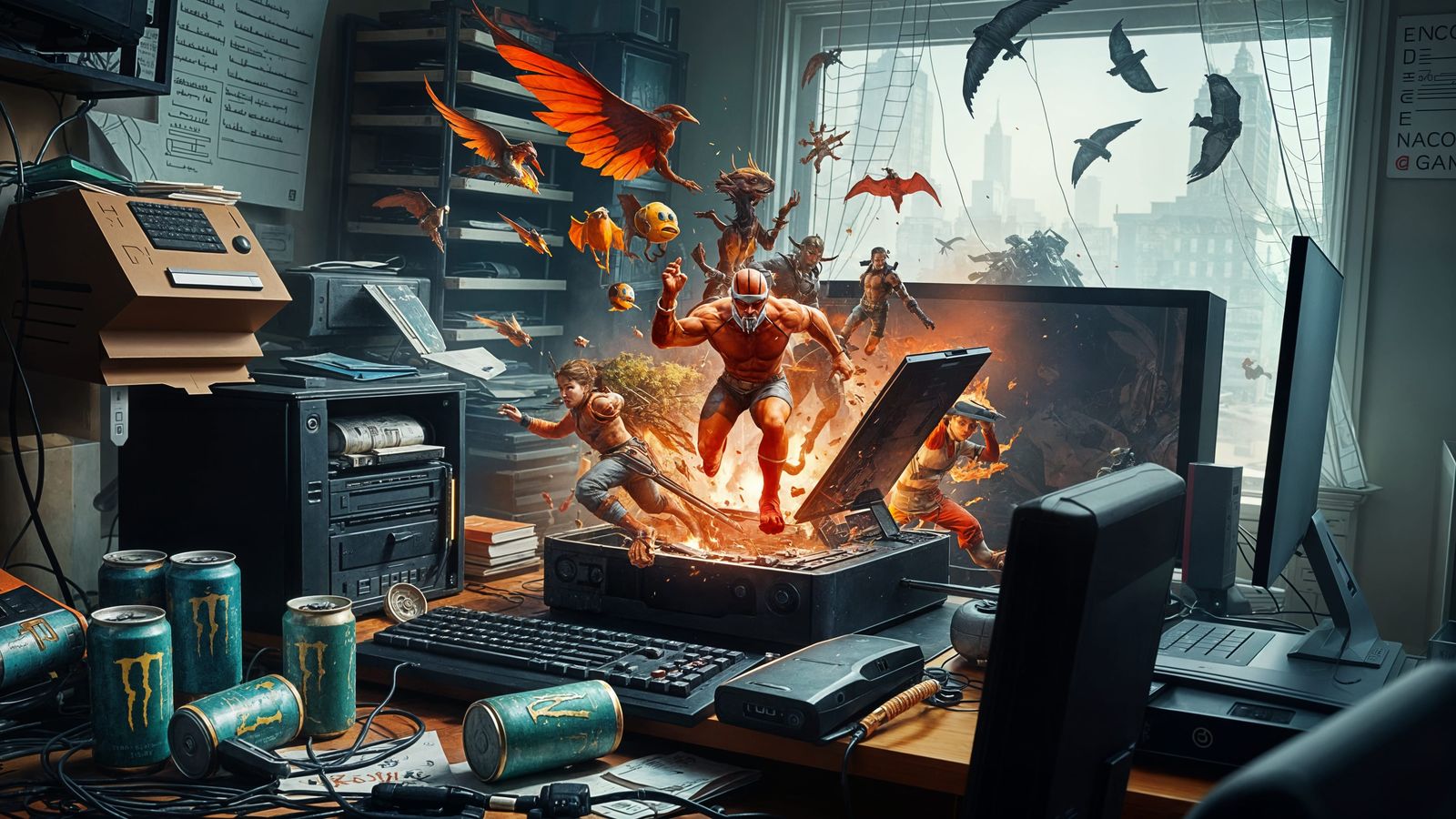 Video Game Characters Escape Box on Gamer's Desk