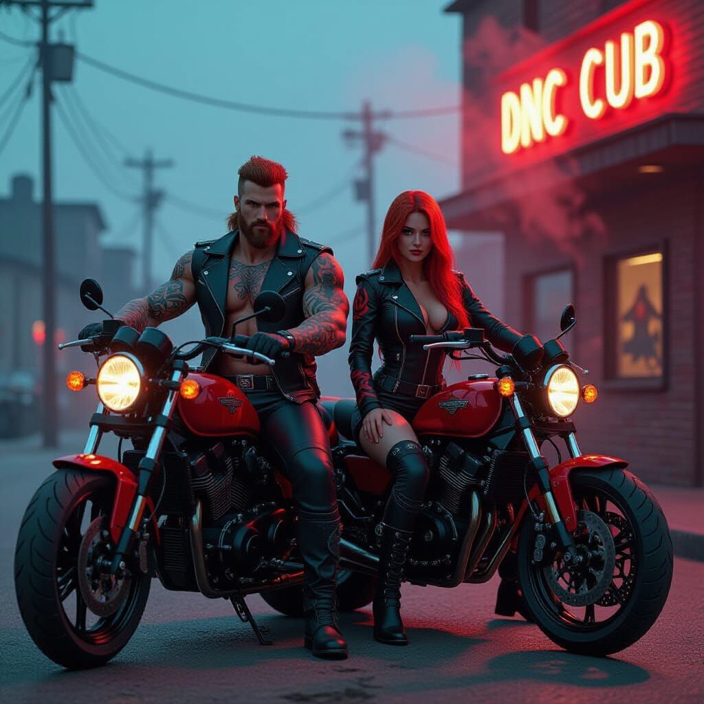 Motorcycle Club Couple in Dystopian Anime Style