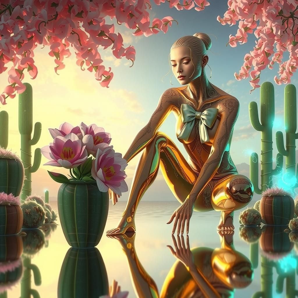 Ethereal Girl Hovering Above Lily Pad Lake