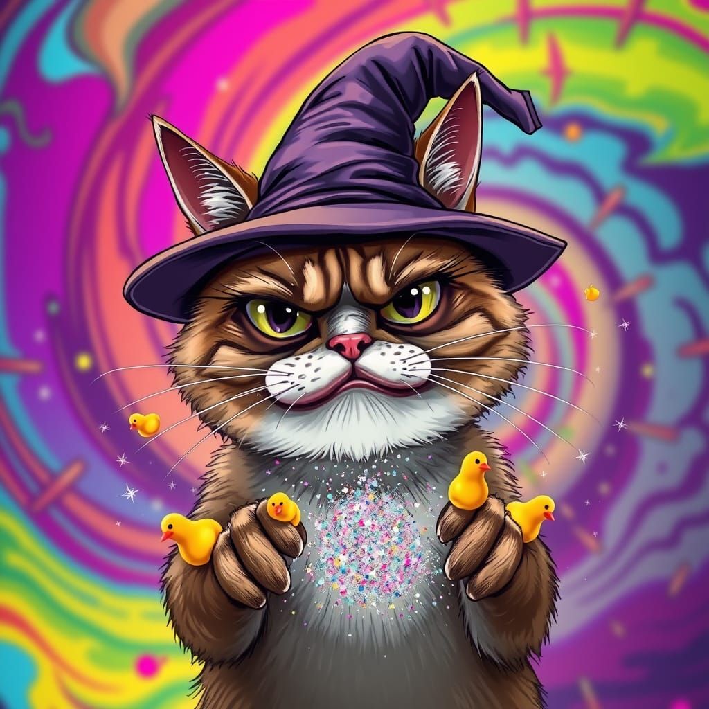 Grumpy Wizard Cat Casting Glitter Spell