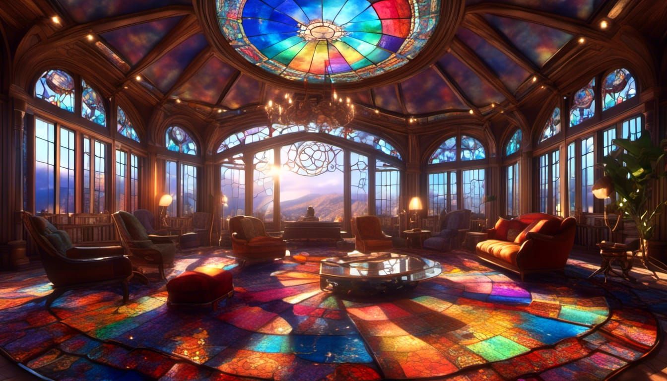 Library Interior with Stained Glass and Galaxy Accents