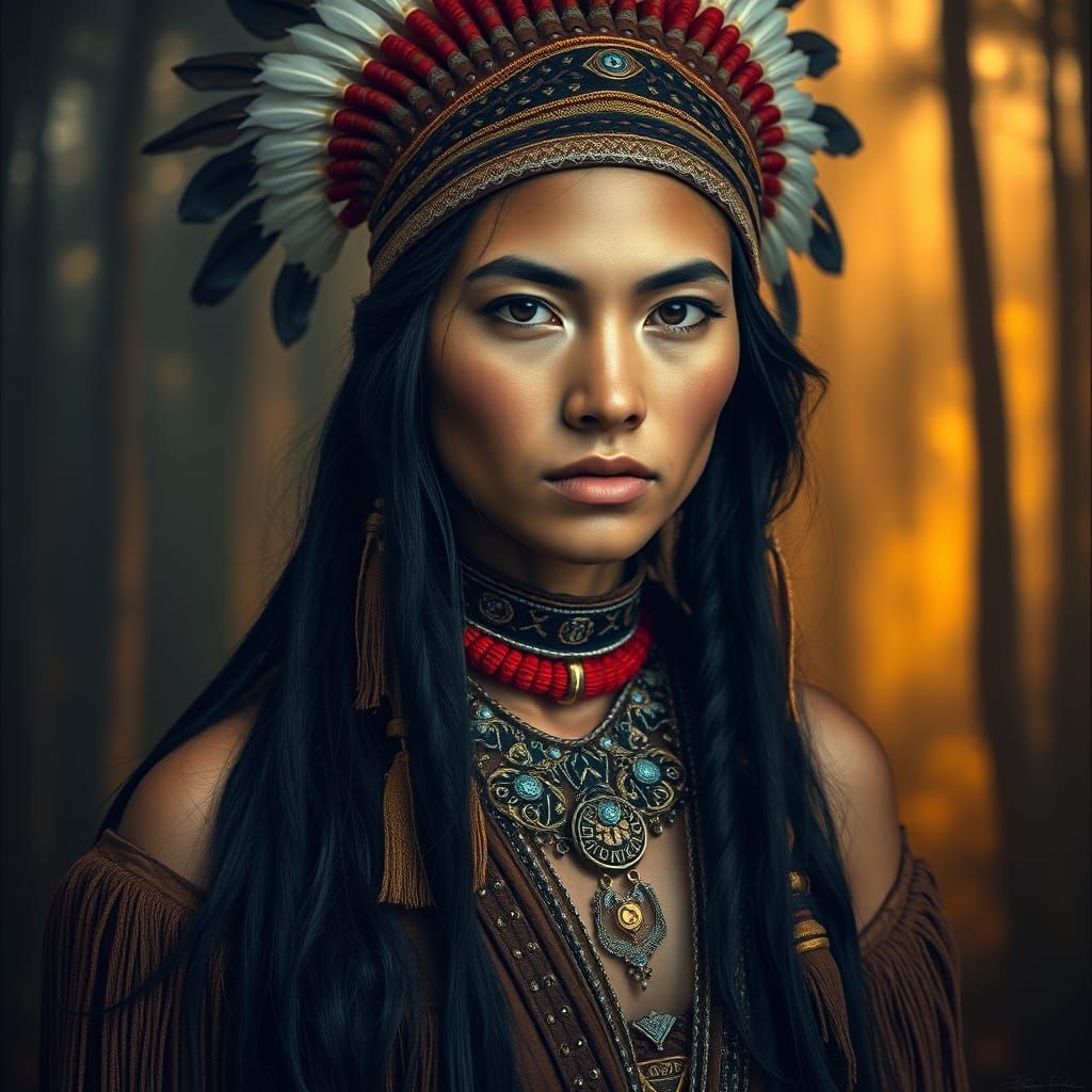 Native American Woman in Traditional Attire Against Golden F...
