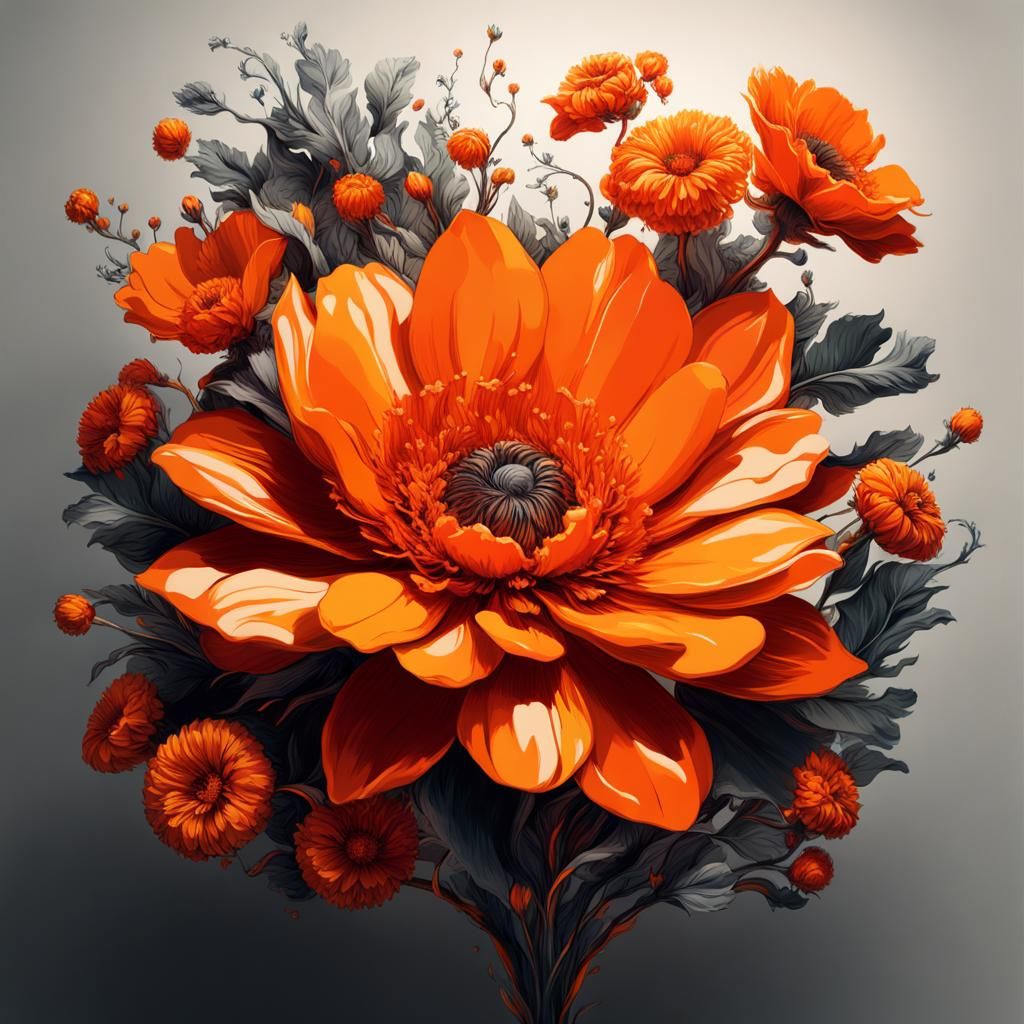Vivid Orange Flower Garden Inkblot Art