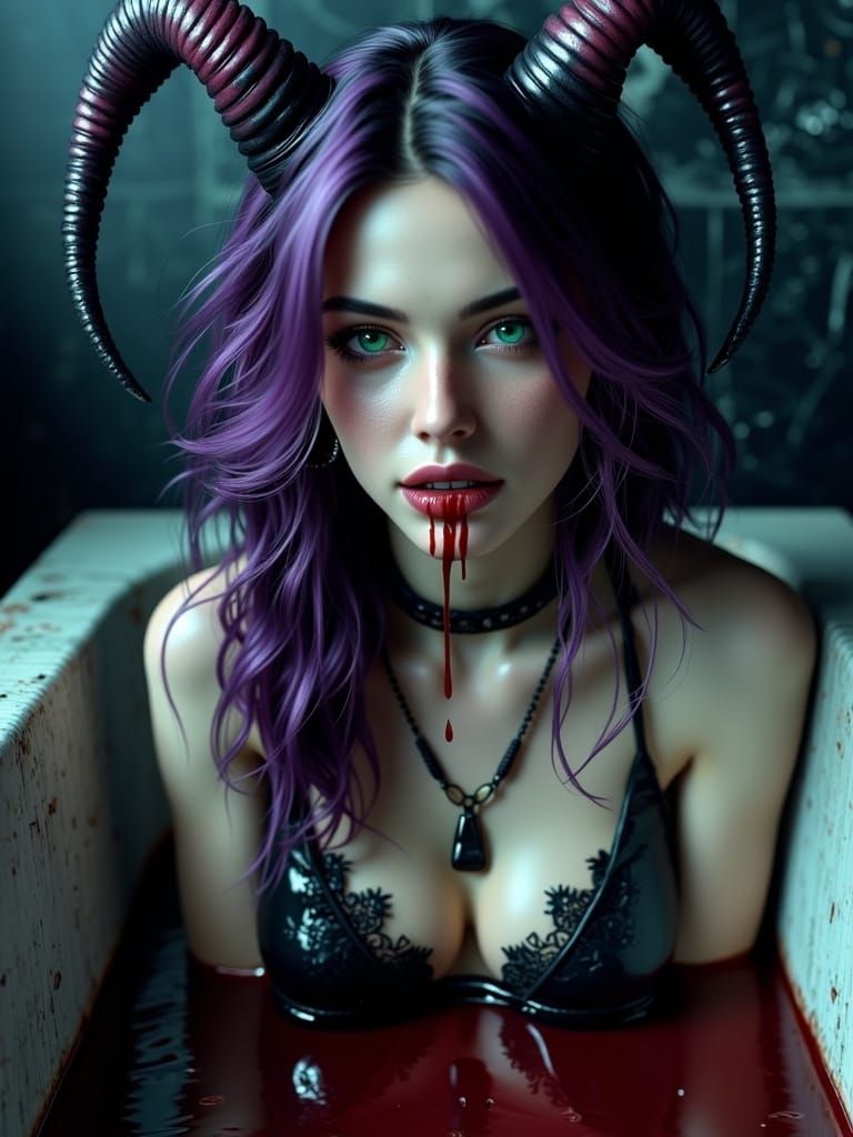 Vampiress in Bathtub of Blood: Dark Fantasy Portrait
