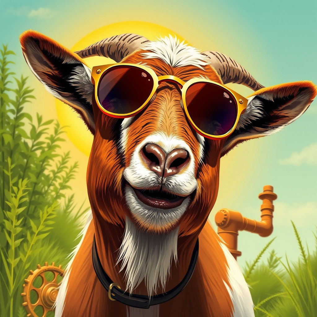 Playful Goat with Sunglasses in Summer Landscape
