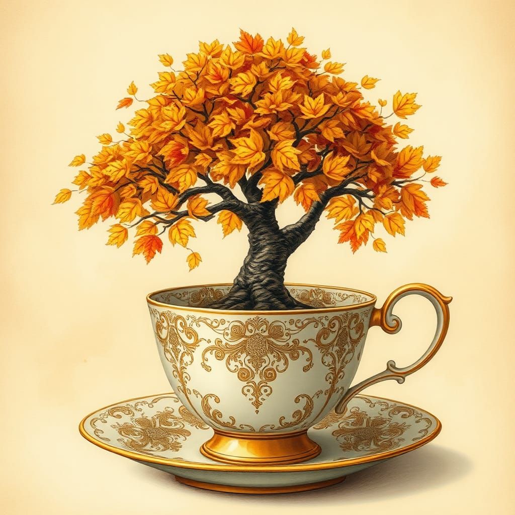 Autumn Tree Blooms From Antique Teacup