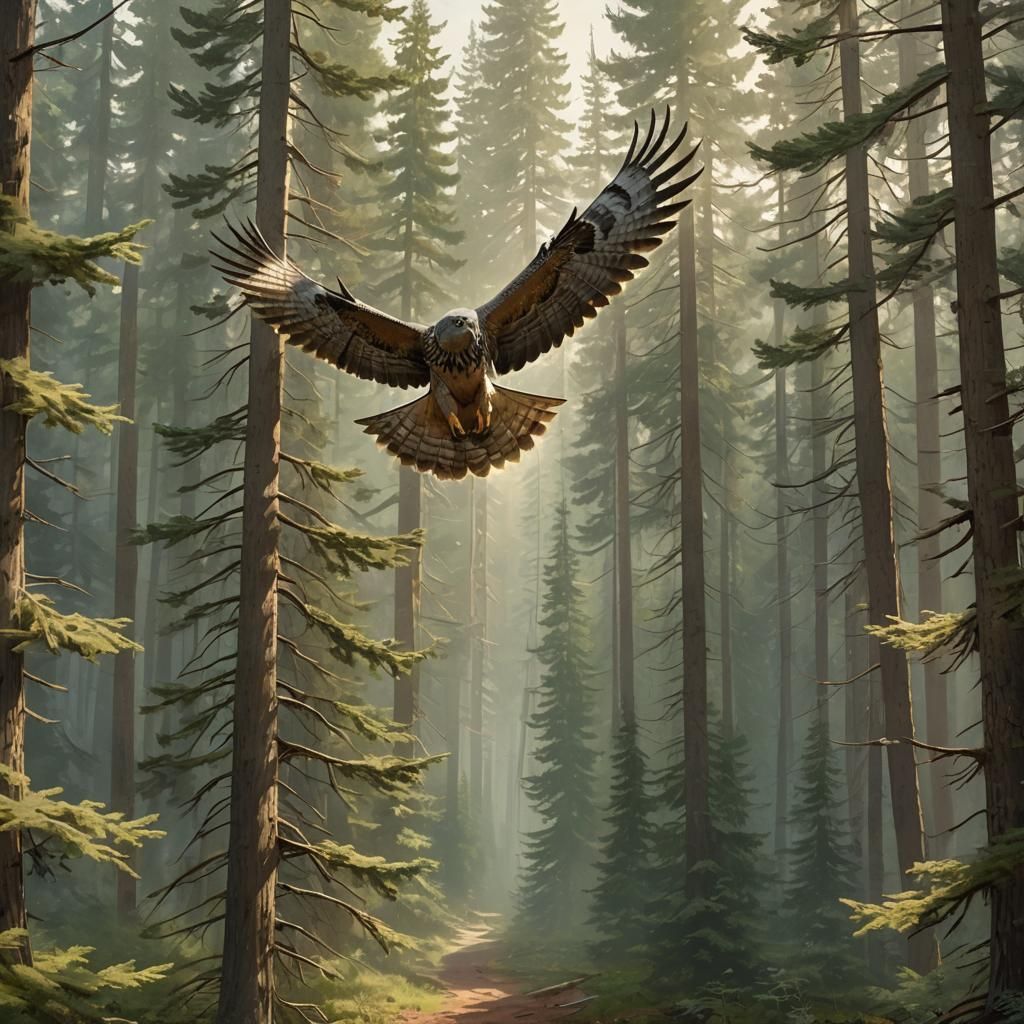 Goshawk Soars Through Conifer Forest Concept Art