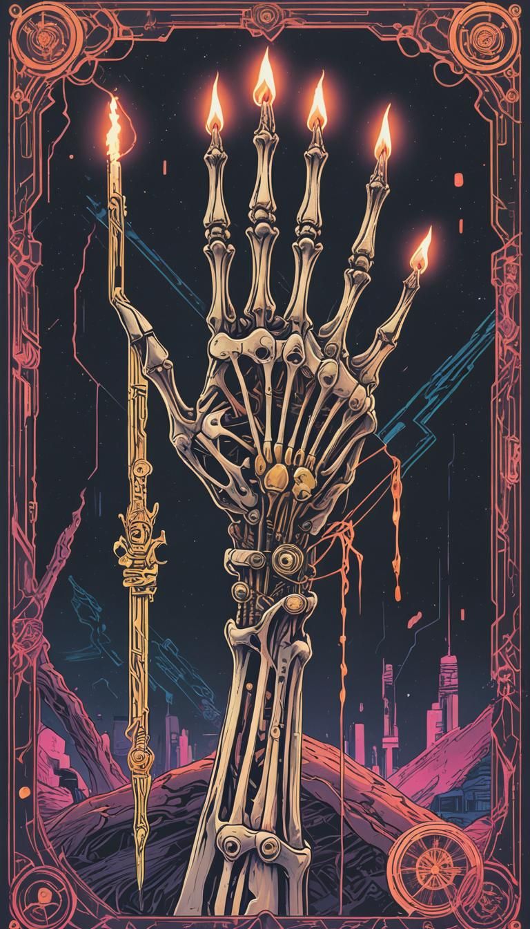 Ace of Wands Tarot Card in Cyberpunk Style