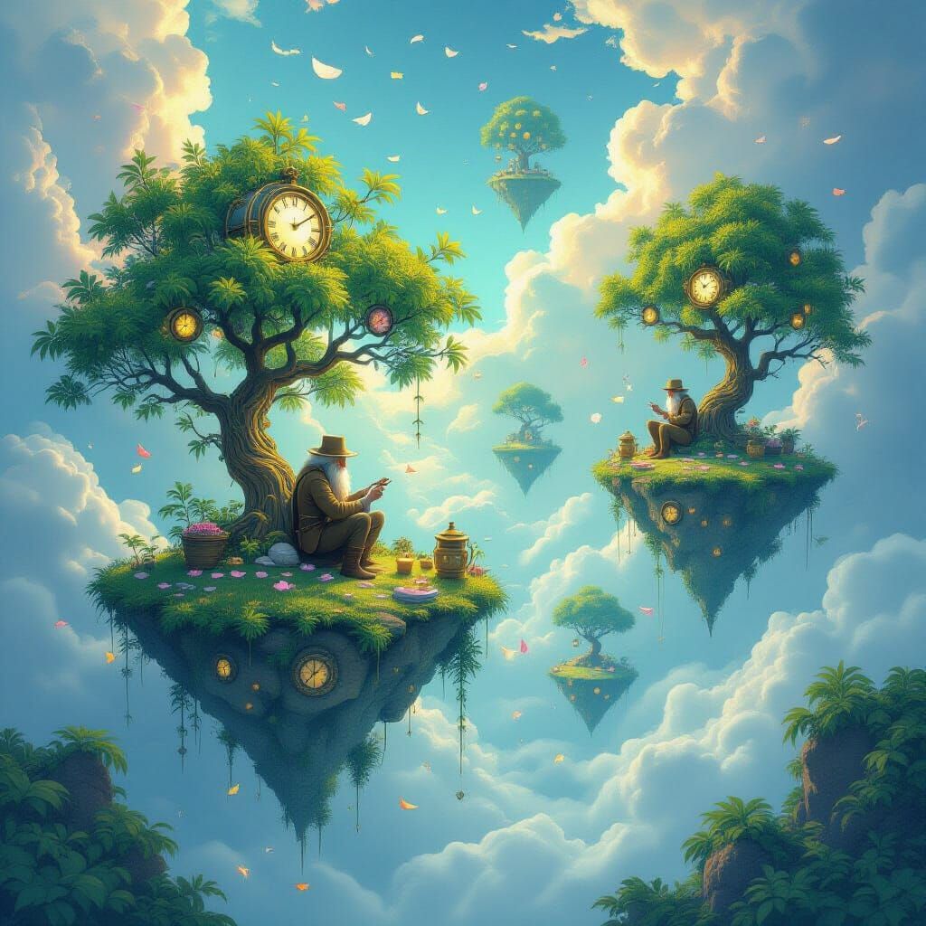 Floating Gear Islands with Luminous Pocket Watch Fruit