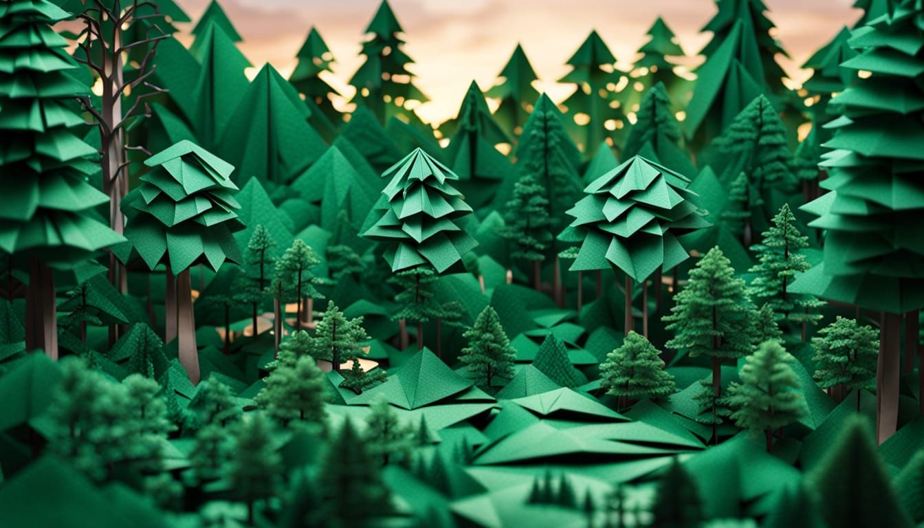 Intricate Origami Forest Scene at Twilight