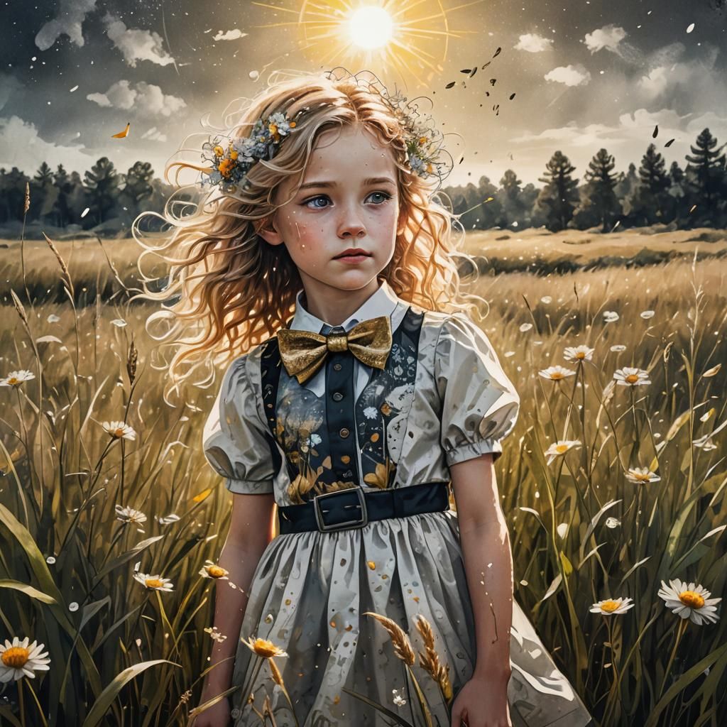 Girl with Flowers in Sunny Meadow