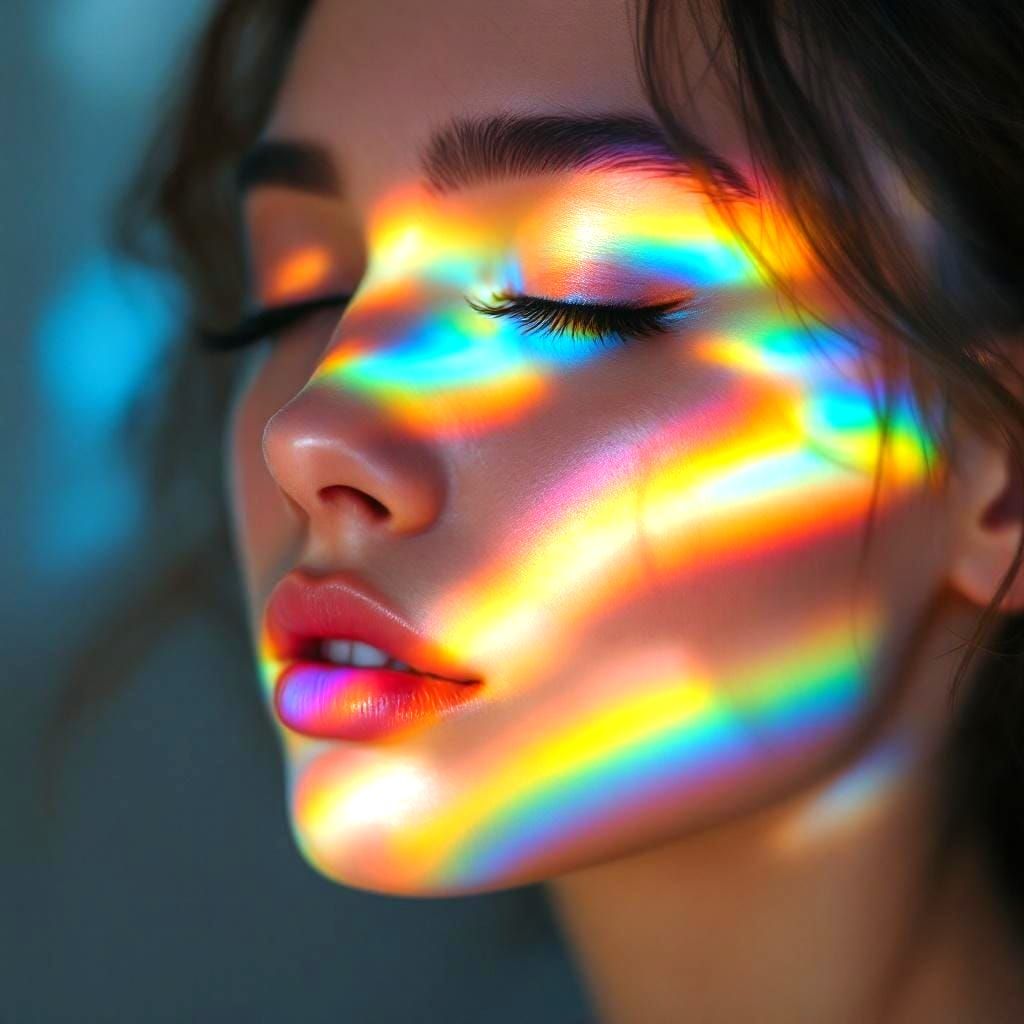 close-up portrait of a young woman with smooth clear skin and closed eyes, rainbow light spectrum cast across her face f...