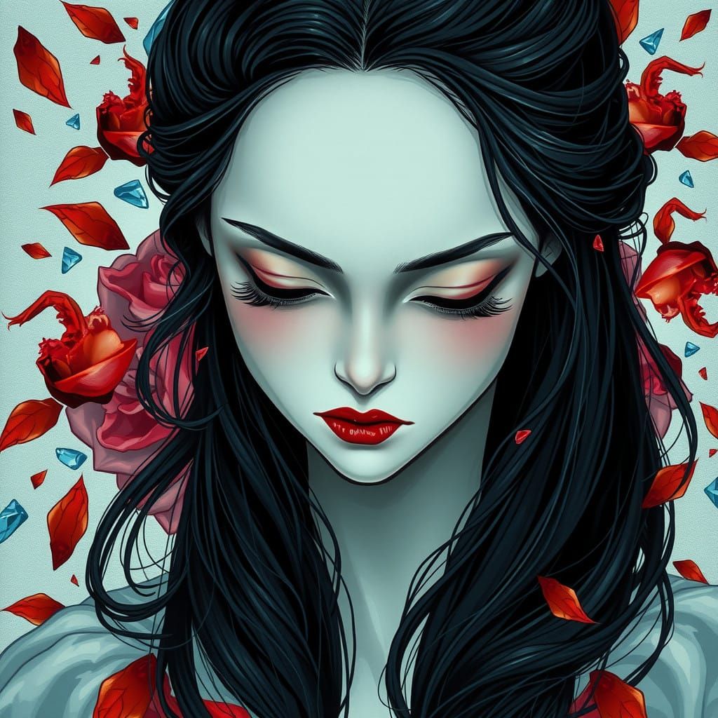 Gothic Snow White in a Halo of Petals