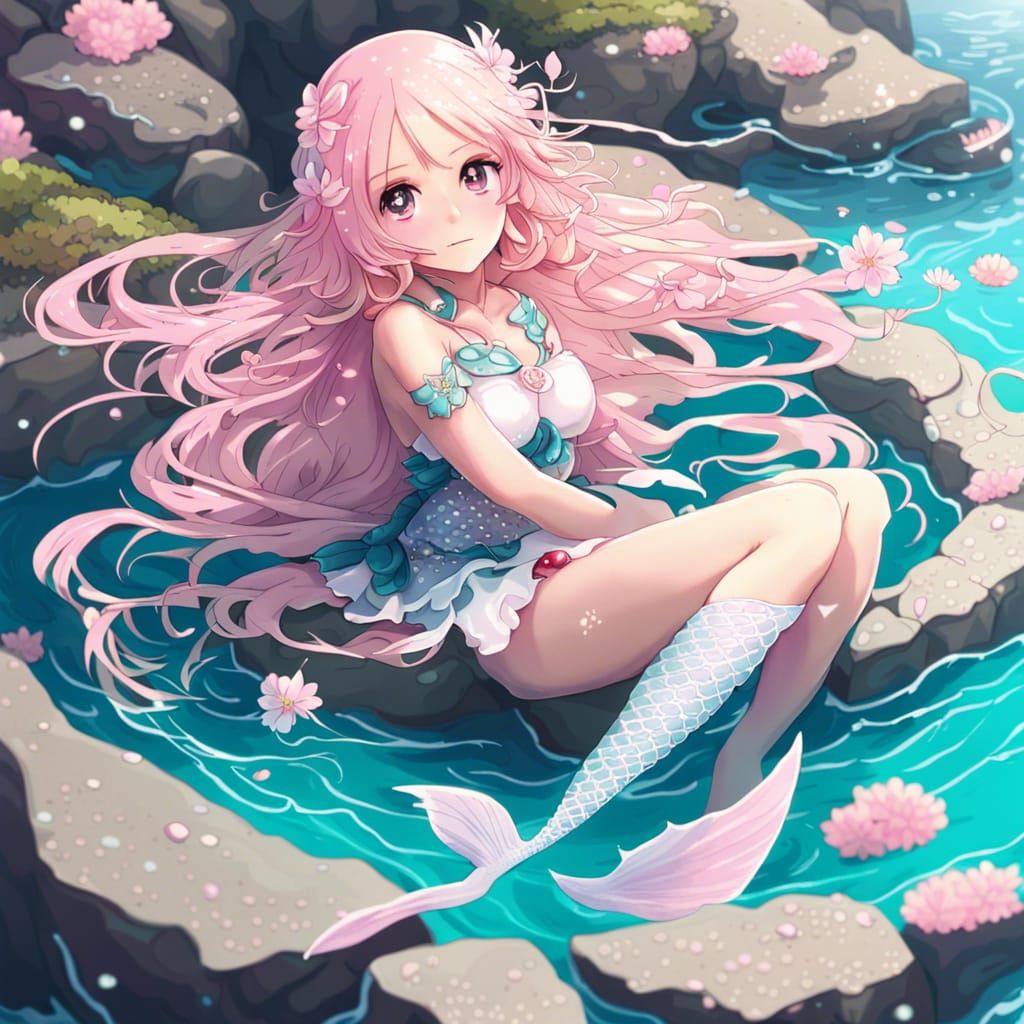 Cherry Blossom Mermaid in Anime Style Ocean
