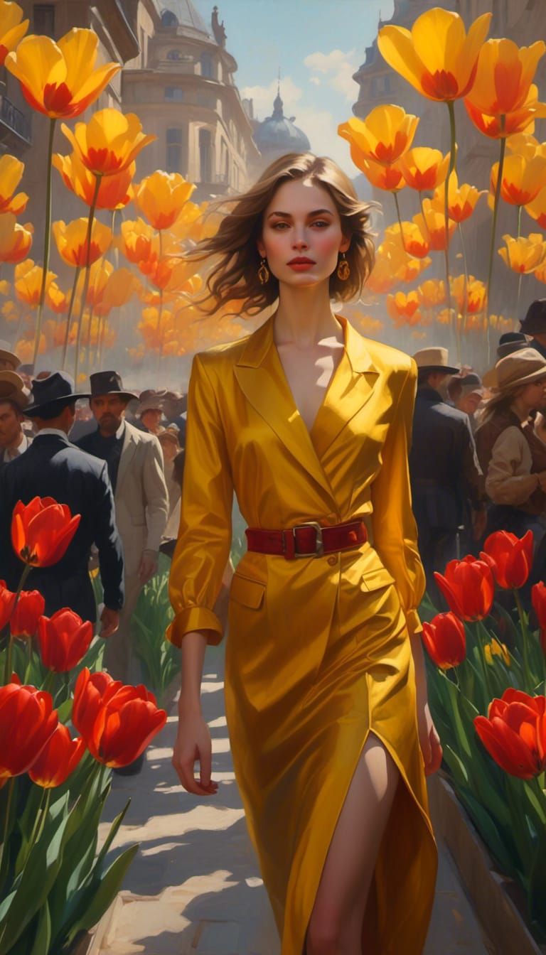 Woman and Tulips in Art Nouveau Style