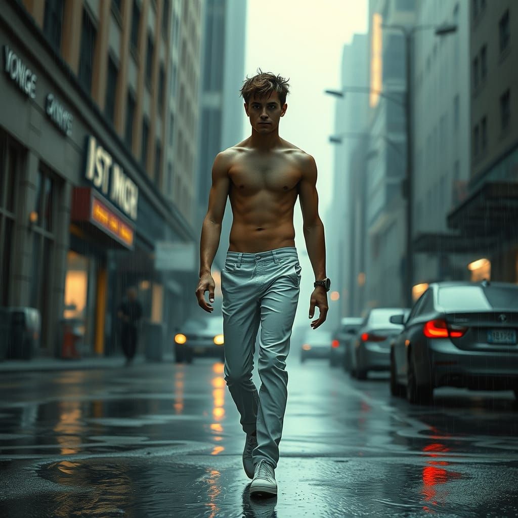 Noir Cyberpunk Man Walks in Rainy City