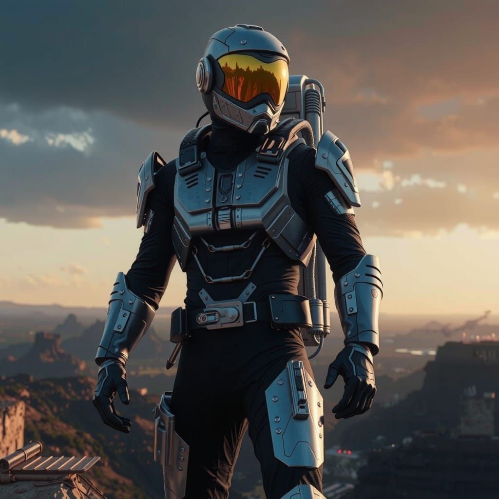 Futuristic Armored Ranger in Neon Cityscape