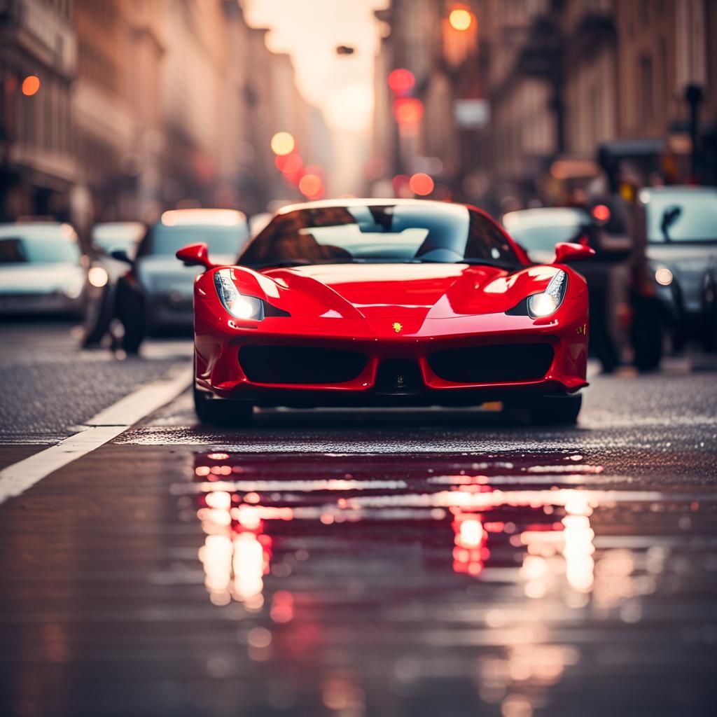 Red Ferrari in City, Professional Photography