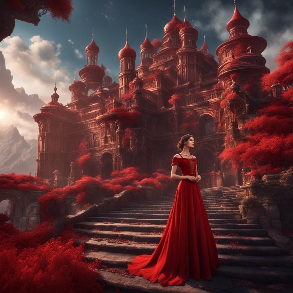 Beautiful Woman in Red Dress: Detailed Fantasy Art