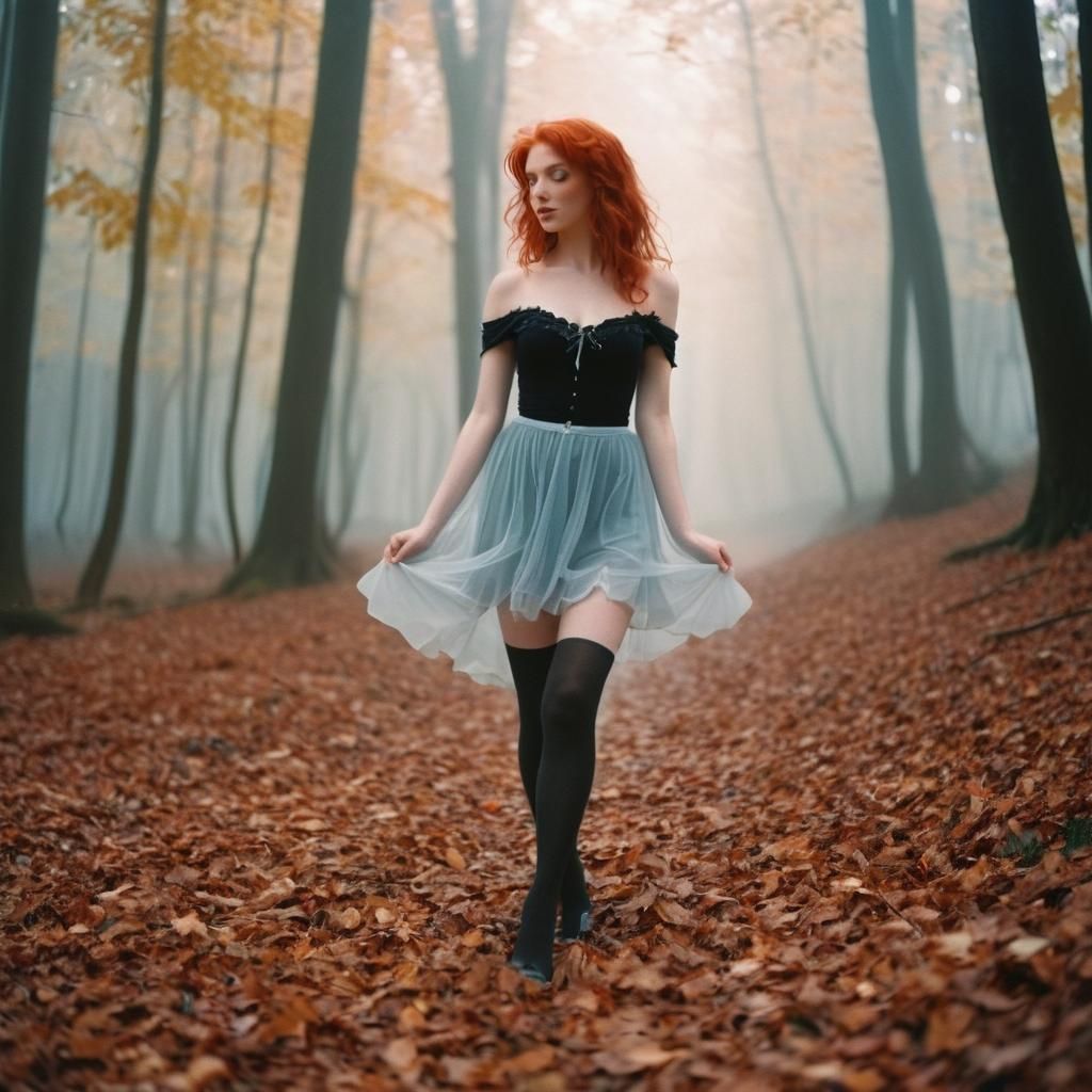 Redhead in Enchanted Autumn Forest: Ethereal Portrait