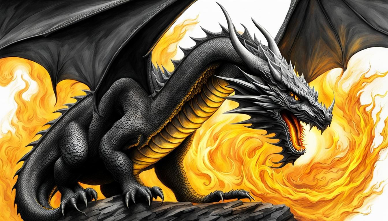 Detailed Pencil Sketch of a Dragon with Yellow Fire